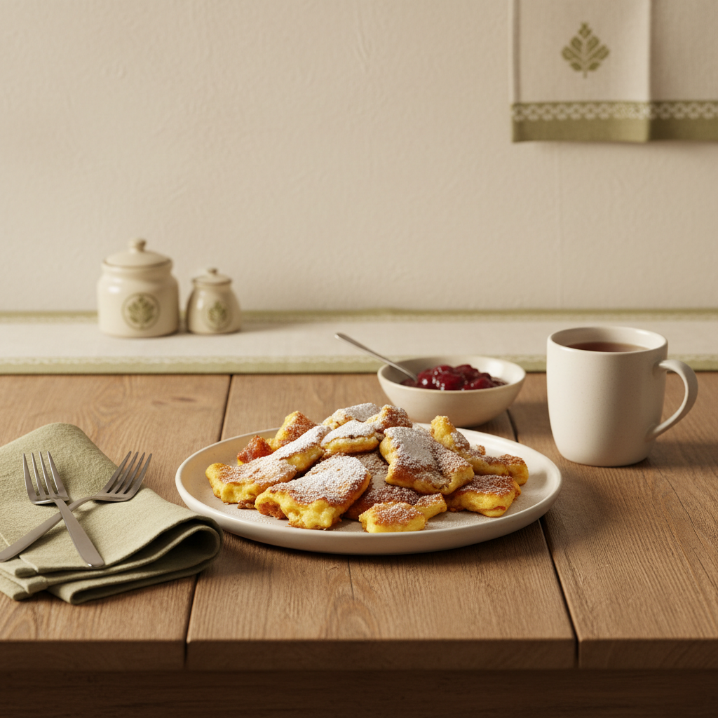 Kaiserschmarrn Englisch auf Teller in heimischer, minimalistischer Küche mit Hintergrund #dbdbcf und Akzenten #a5cd8d, warmes Licht, kein Mensch
