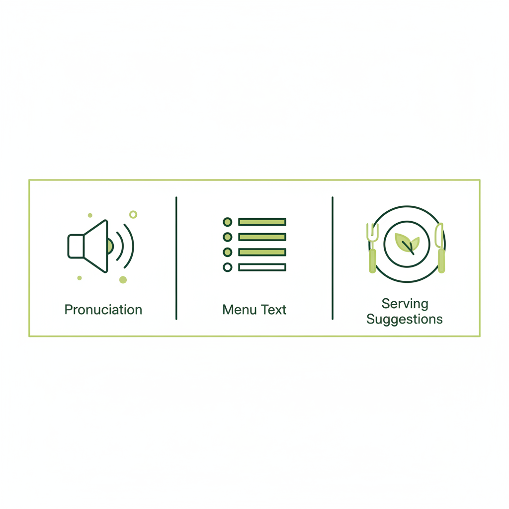 Minimalistische 2D-Vektorinfografik mit Icons zu Aussprache, Menütext und Serviervorschlägen für kaiserschmarrn englisch in Schnell Lecker Farben (#dbdbcf, #a5cd8d, #21431f).