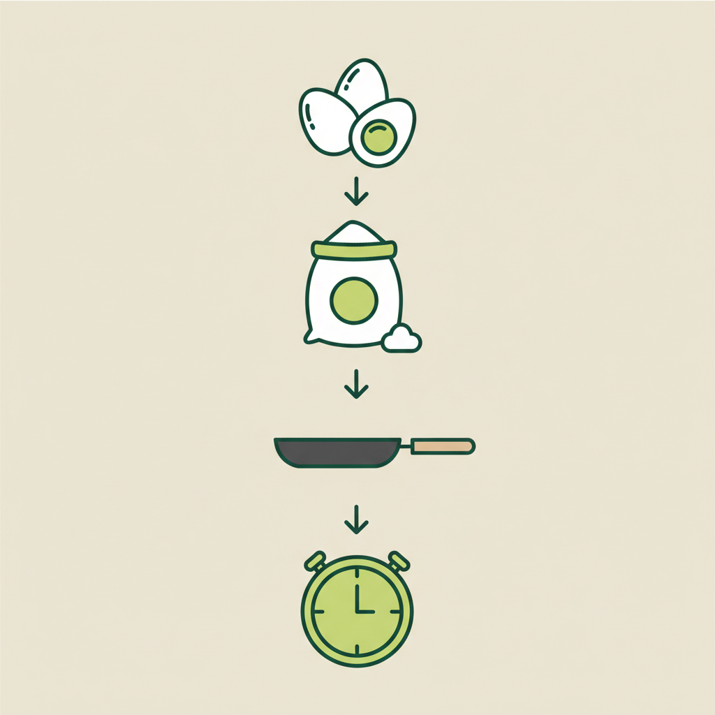Minimalistische 2D-Vektor-Infografik mit Icons für Eier, Mehl, Pfanne und Zeit zur Zubereitung von Kaiserschmarrn