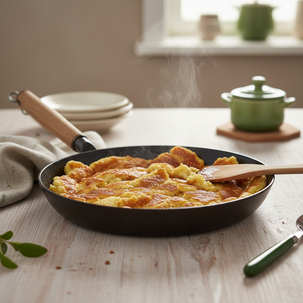 Nahaufnahme einer Pfanne mit frisch gebratenem Kaiserschmarrn, goldbraune Kruste und sichtbarer Dampf – Szene zum Thema Kaiserschmarrn braten vor warmem Hintergrund.
