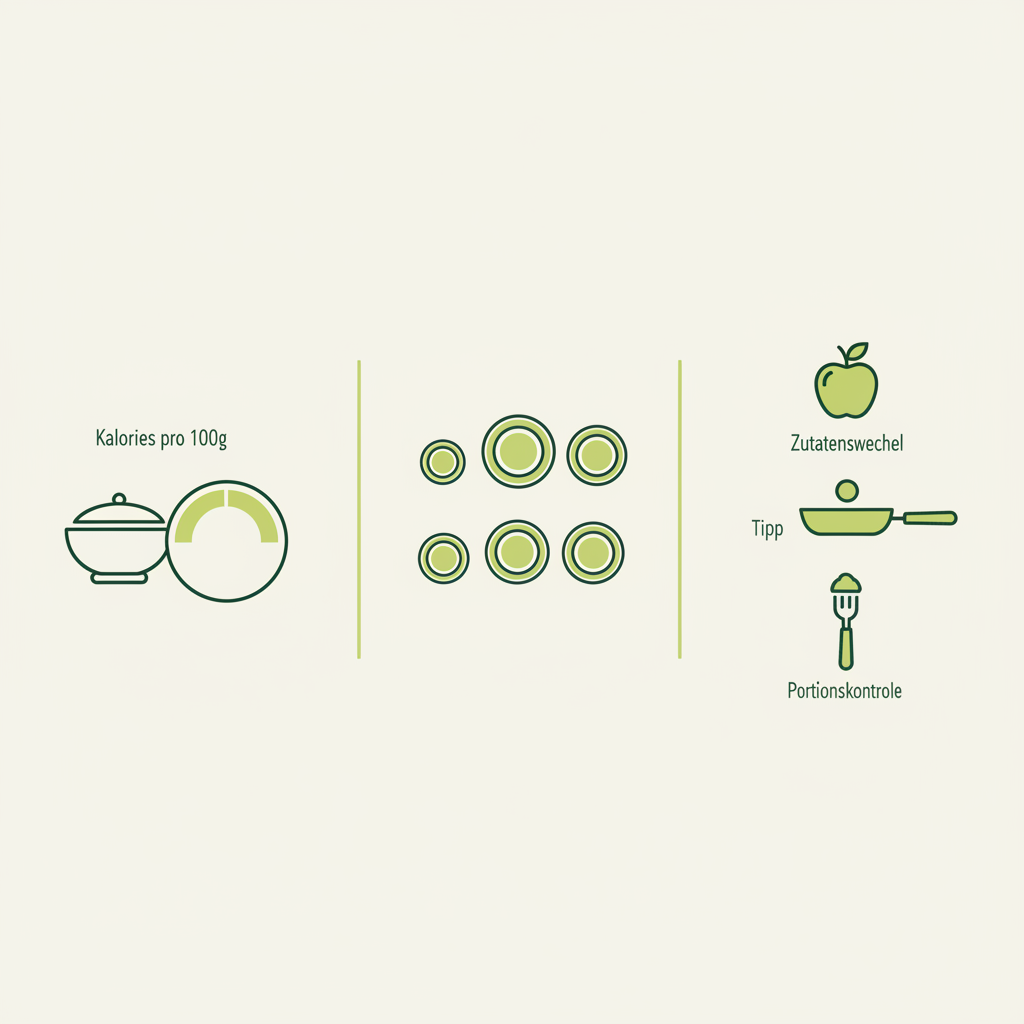 Minimalistische 2D-Vektor-Infografik in Schnell Lecker Farben zeigt Kalorien pro 100g, Portionsgrößen und drei Tipps zur Reduktion — Kalorien Kaiserschmarrn