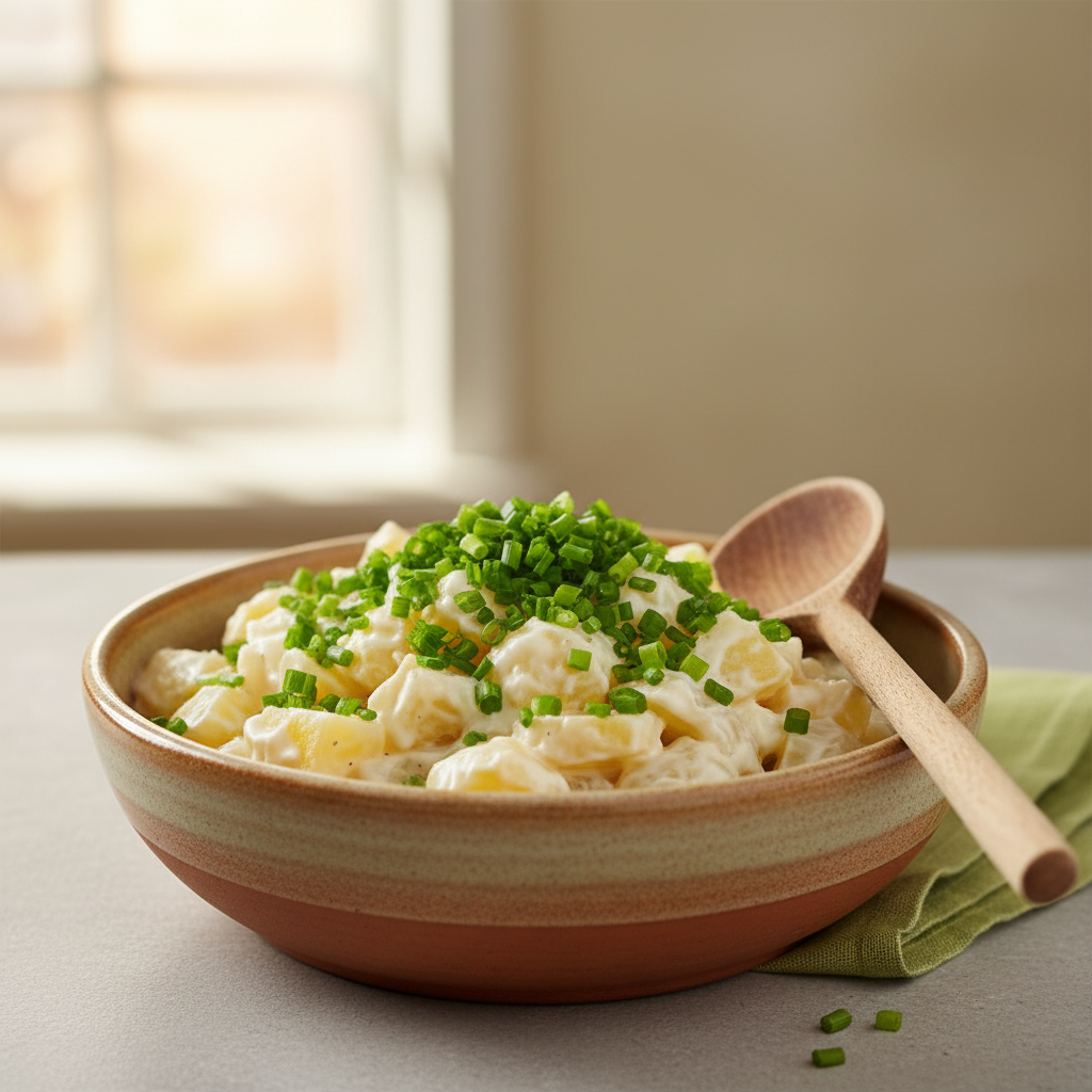Nahaufnahme einer Keramikschale mit Kartoffelsalat, garniert mit Schnittlauch und Holzlöffel vor #dbdbcf Hintergrund, minimalistisches, warmes Styling