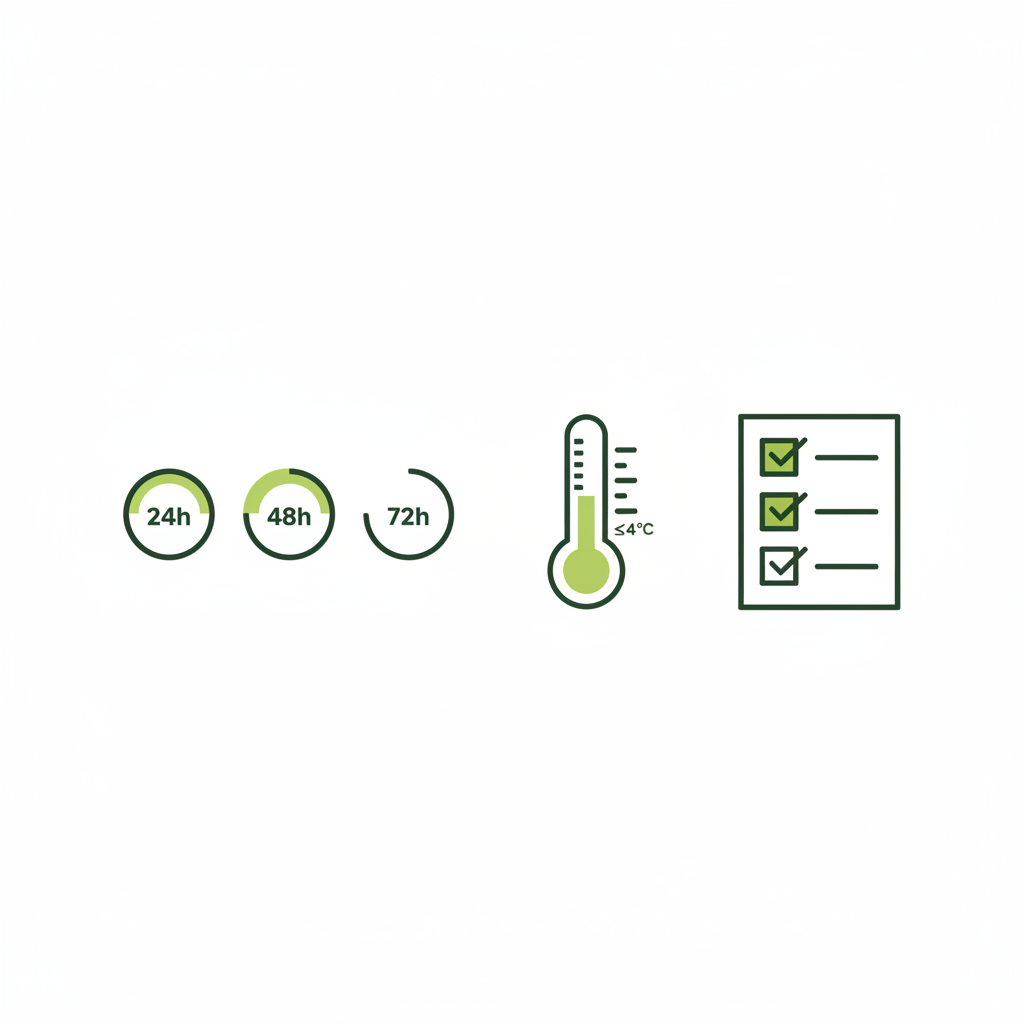 Infografik: Wie lange vorher Kartoffelsalat machen — 2D-Vektor mit Timeline-Icons (1/2/3 Tage als Füllgrade), Thermometer-Symbol für kühle Lagerung und Checkliste, Markenfarben #dbdbcf/#a5cd8d/#21431f