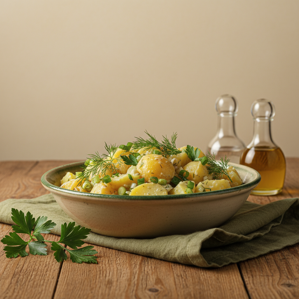 Wie lange vorher Kartoffelsalat machen – Nahaufnahme eines heimischen Kartoffelsalats in Keramikschüssel auf Holztisch mit Dill, Essig- und Olivenölflasche, warme Farbtöne, minimalistisches Setup