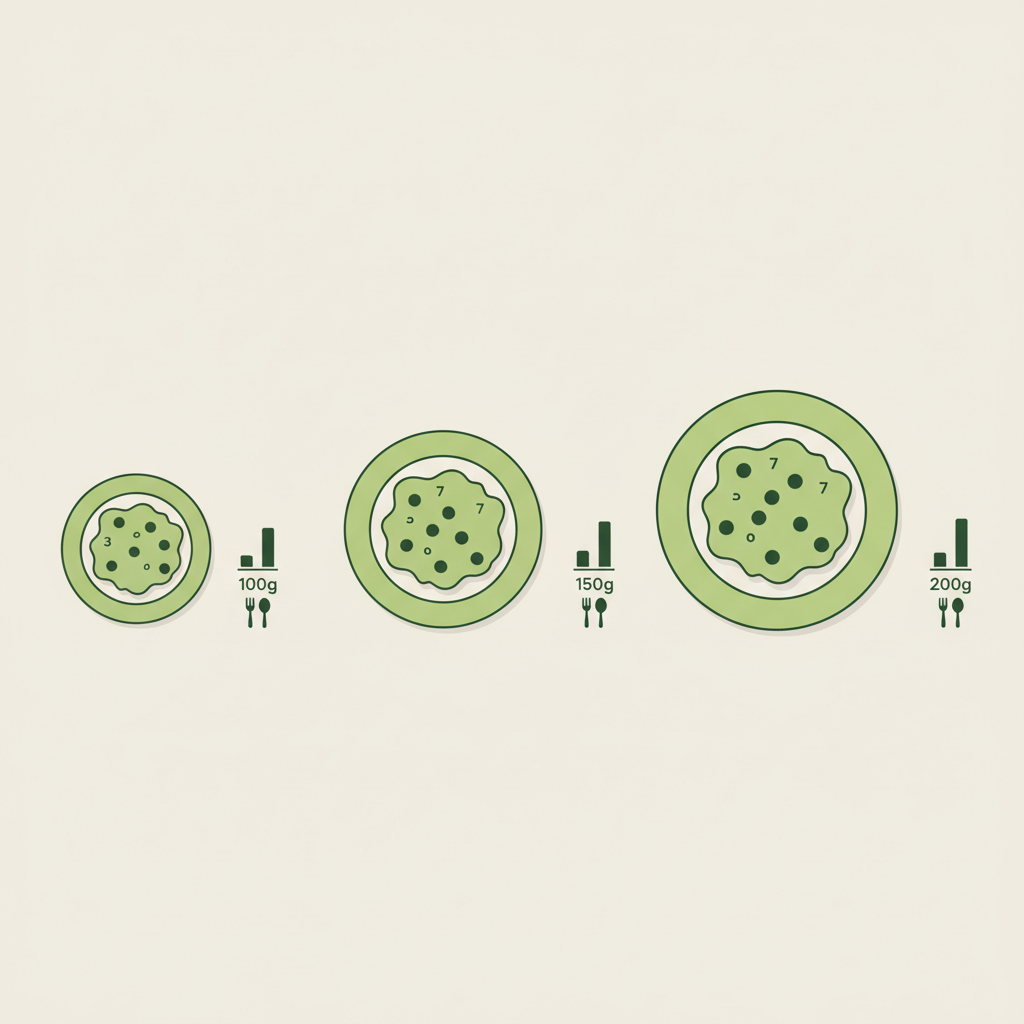 Minimalistische 2D-Vektor-Infografik mit drei Tellern und visuellen Portionen (klein, mittel, groß) zur Darstellung von Kartoffelsalat pro Person