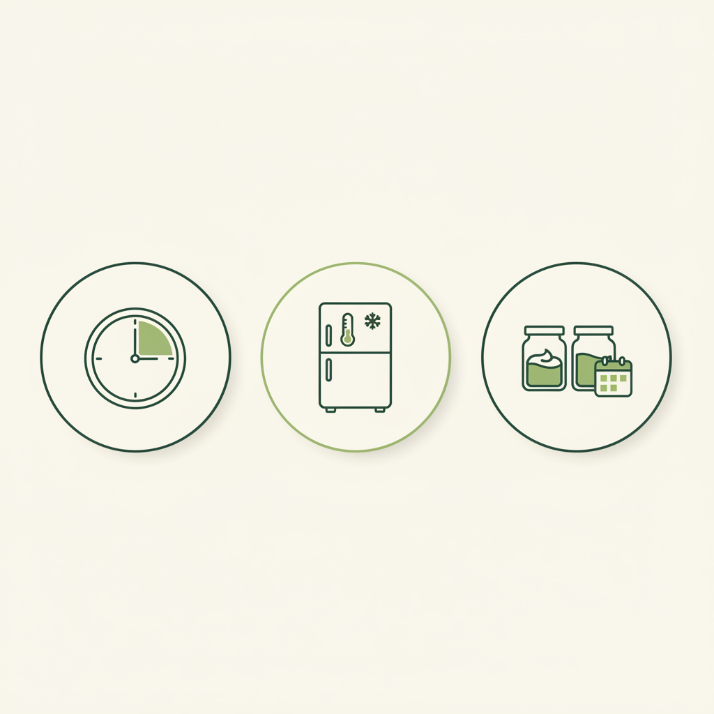 Minimalistische 2D-Infografik zu Kartoffelsalat mit Zwiebeln: drei Vektor-Icons (Uhr mit 2‑Std.-Segment, Kühlschrank ≤4°C‑Thermometer, Mayo 24–48h / Essig‑Öl 3–4d) in Markenfarben.