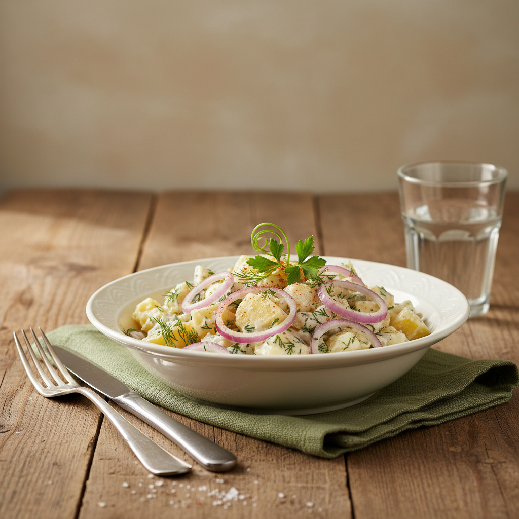 Schale Kartoffelsalat mit Zwiebeln auf Holztisch, sanftes Tageslicht, minimalistischer Hintergrund #dbdbcf, dezente grüne Akzente #a5cd8d, warme heimische Atmosphäre