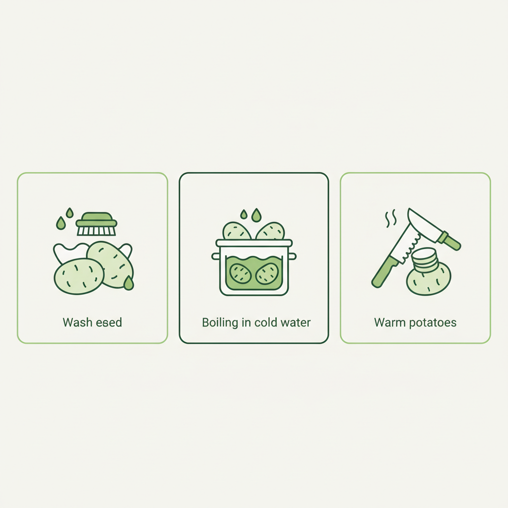 Dreiteilige, minimalistische Vektor-Infografik mit Icons: Kartoffeln schrubben, in kaltem Wasser kochen, warm schälen/scheiben – passend für Kartoffelsalat mit Schale.