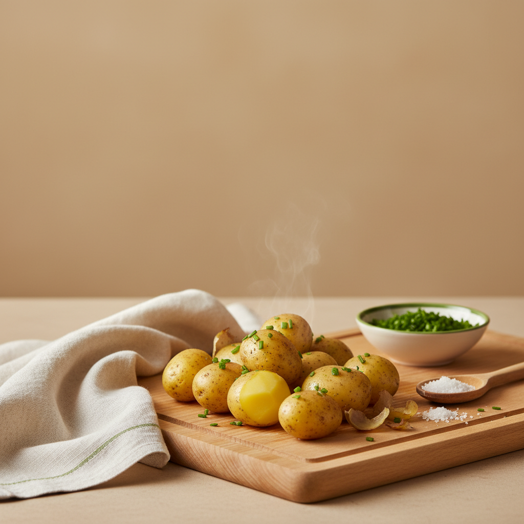 Nahaufnahme frisch gekochter kleiner neuer Kartoffeln auf Holzbrett, einige mit Schale, einige geschält – Kartoffelsalat mit Schale, minimalistisches warmes Küchen-Setup.