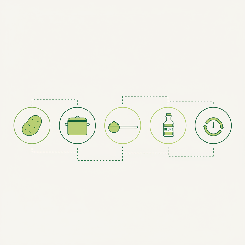 Minimalistische 2D-Vektor-Infografik mit Icons Kartoffel, Topf, Messlöffel, Brühe und Uhr zur Anleitung Kartoffelsalat Geschmack verbessern in Schnell Lecker Farben