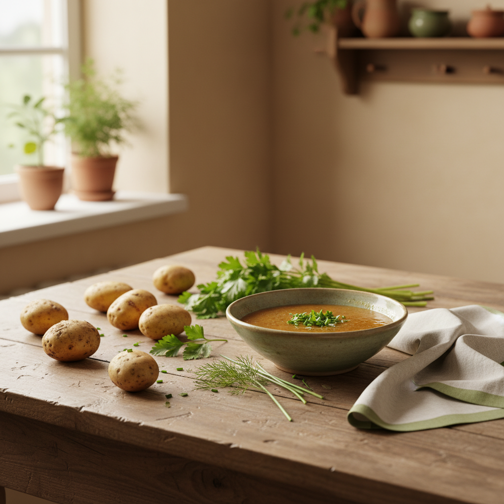 Fotorealistisches Küchenbild mit Kartoffeln, Schüssel warmem Dressing und frischen Kräutern auf rustikalem Tisch, harmonische Farben; Kartoffelsalat Geschmack verbessern
