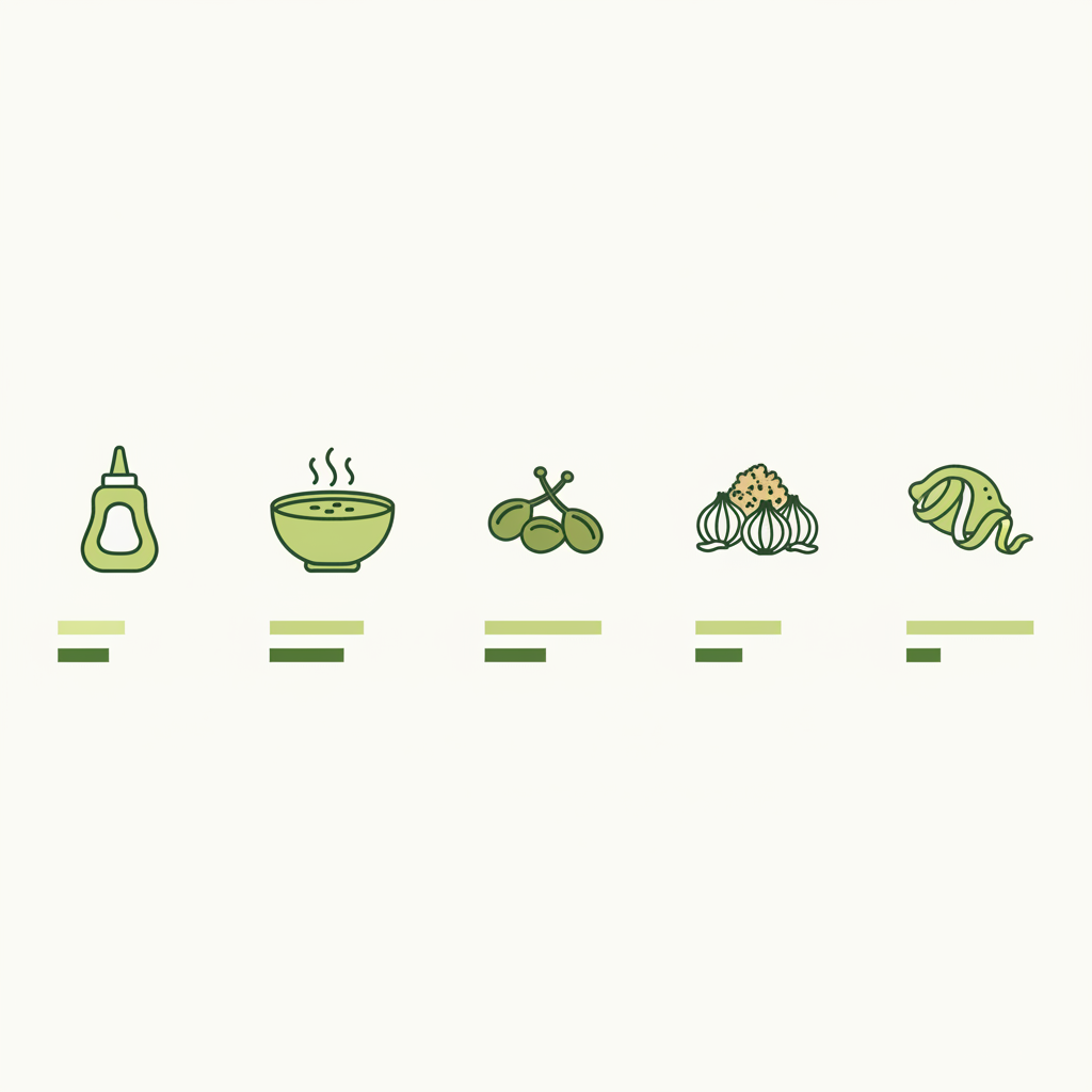 Vektor-Infografik mit Icons für Senf, Brühe/Miso, Kapern, geröstete Zwiebeln und Zitronenschale plus Dosierungsbalken – Kartoffelsalat Geheimzutat