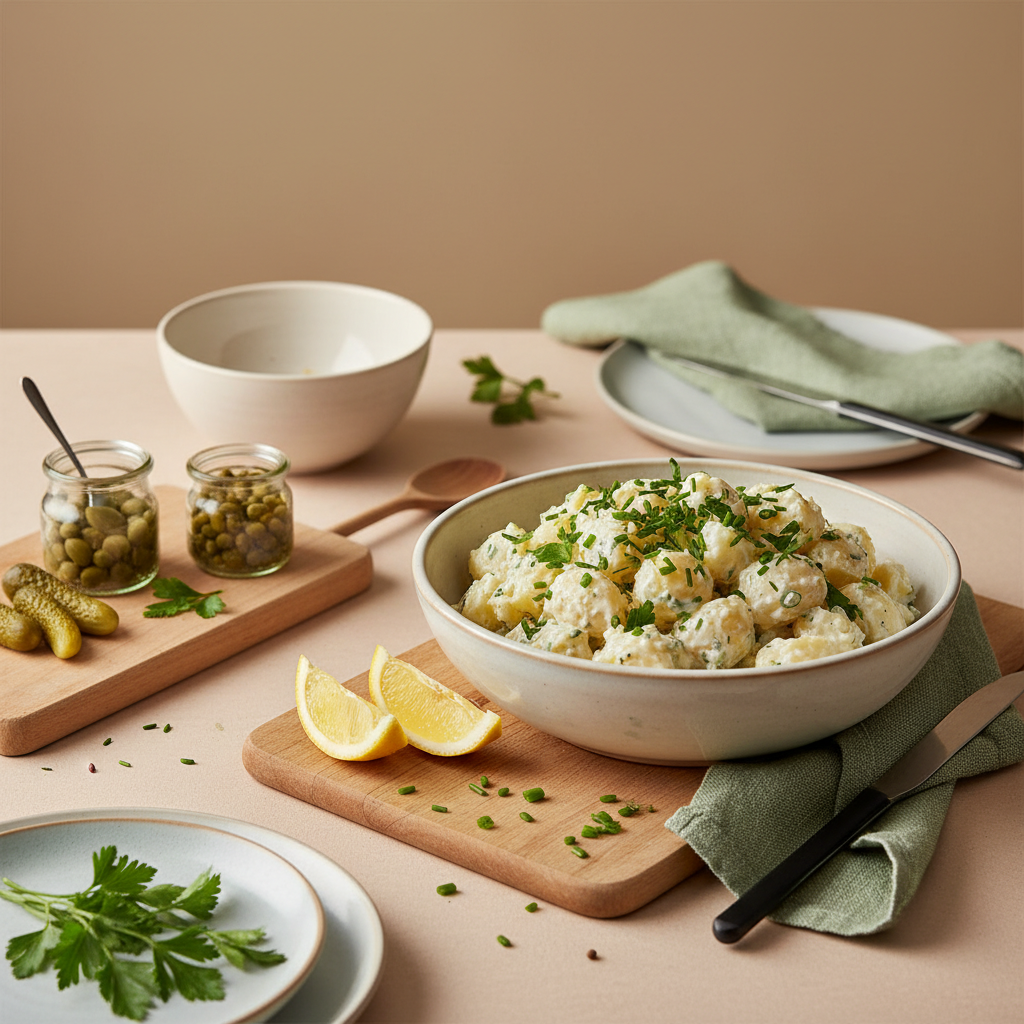 Schüssel Kartoffelsalat mit frischen Kräutern, Zitronenscheiben und Gläsern mit Kapern und Gewürzgurken auf hellem Holztisch, warme Naturbeleuchtung – Kartoffelsalat Geheimzutat