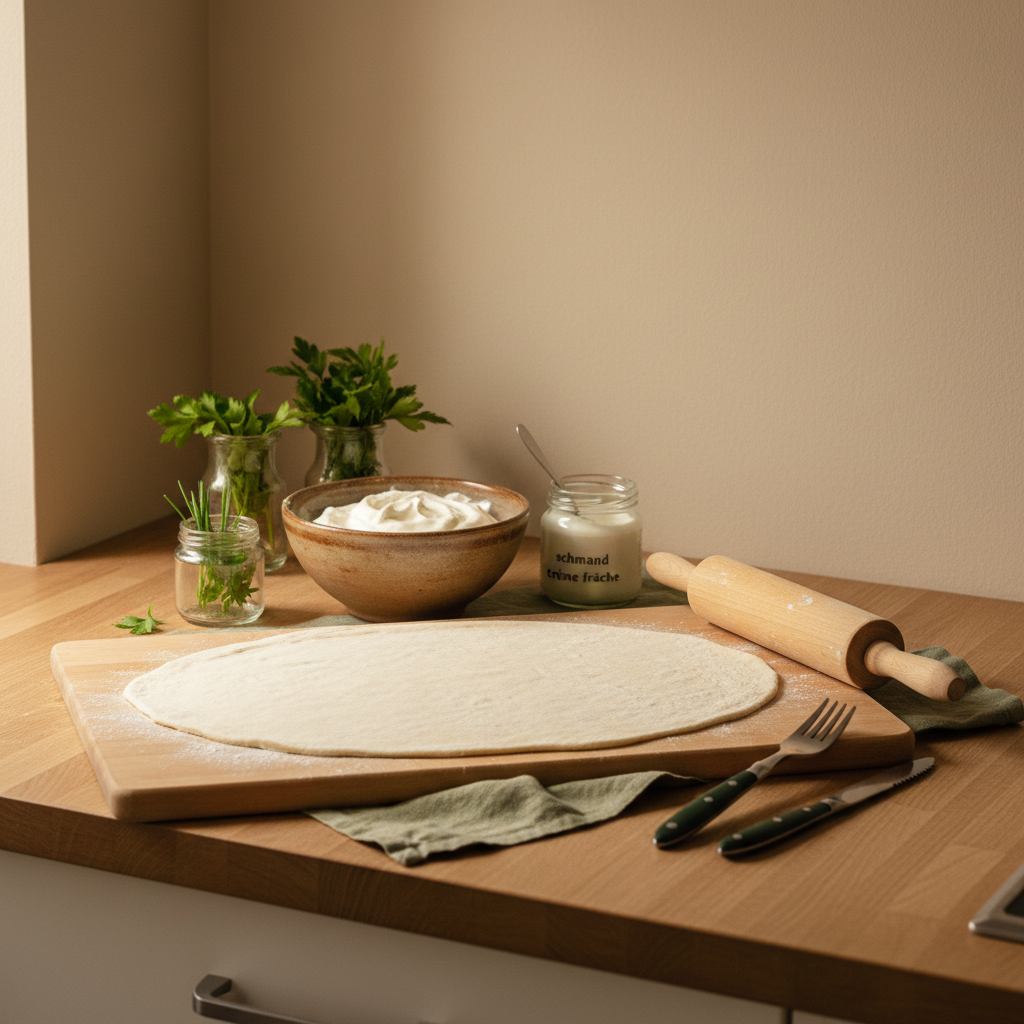 Minimalistisch inszenierte Vollbildaufnahme mit Flammkuchen-Zutaten: dünn ausgerollter Teig auf Holzbrett, Nudelholz, Schmand, Crème fraîche und Kräutergläser.