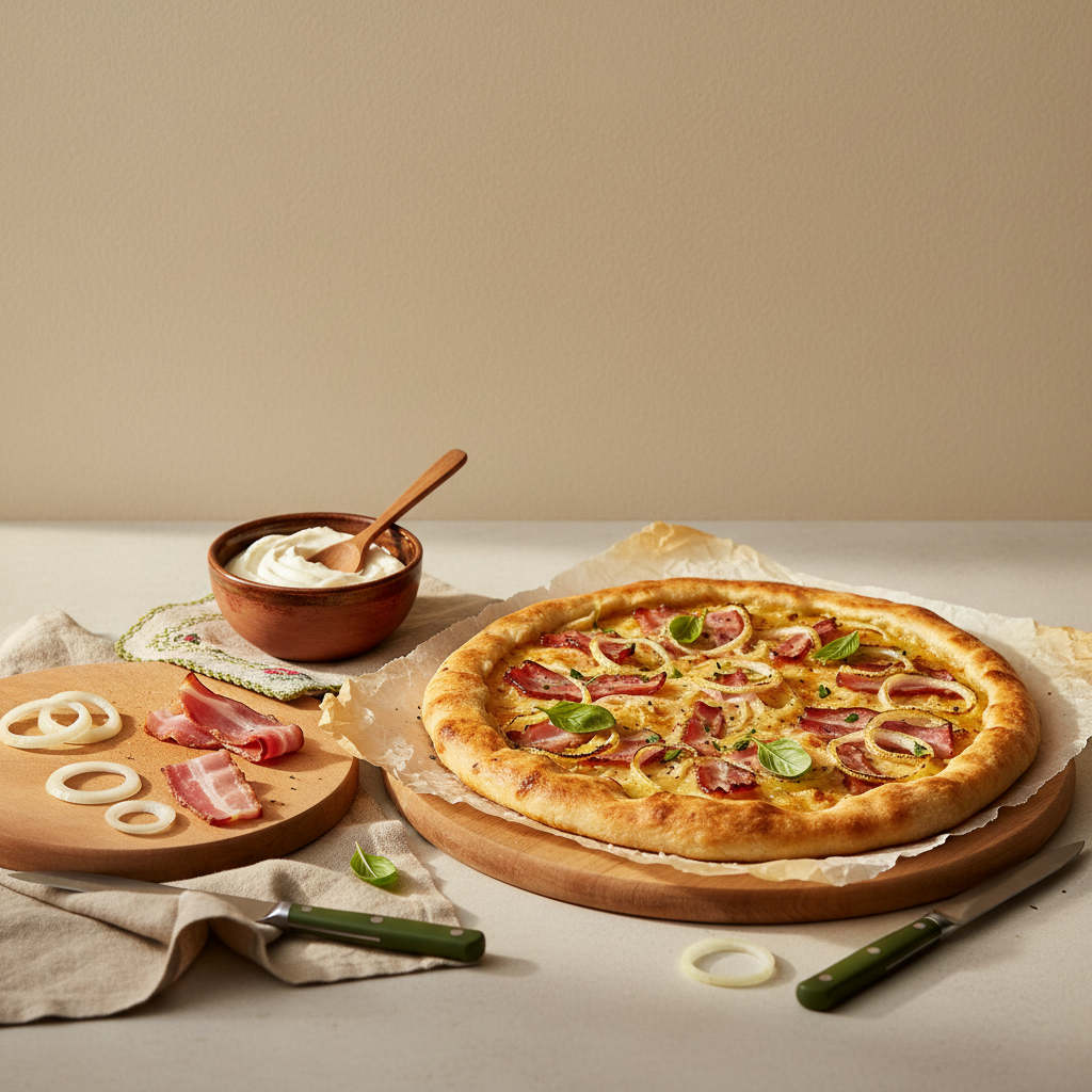 Flammkuchen mit Schmand statt Crème fraîche, kleine Schüssel Schmand mit Löffel, geschnittene Zwiebeln und Speck auf minimalistischem #dbdbcf Hintergrund mit #a5cd8d Akzent