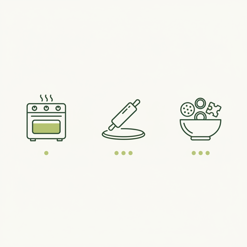 Minimalistische 2D-Vektor-Infografik mit drei Icons zeigt Schritte, um Flammkuchen knusprig bekommen: Vorheizen, dünn ausrollen, Belag vorbereiten.