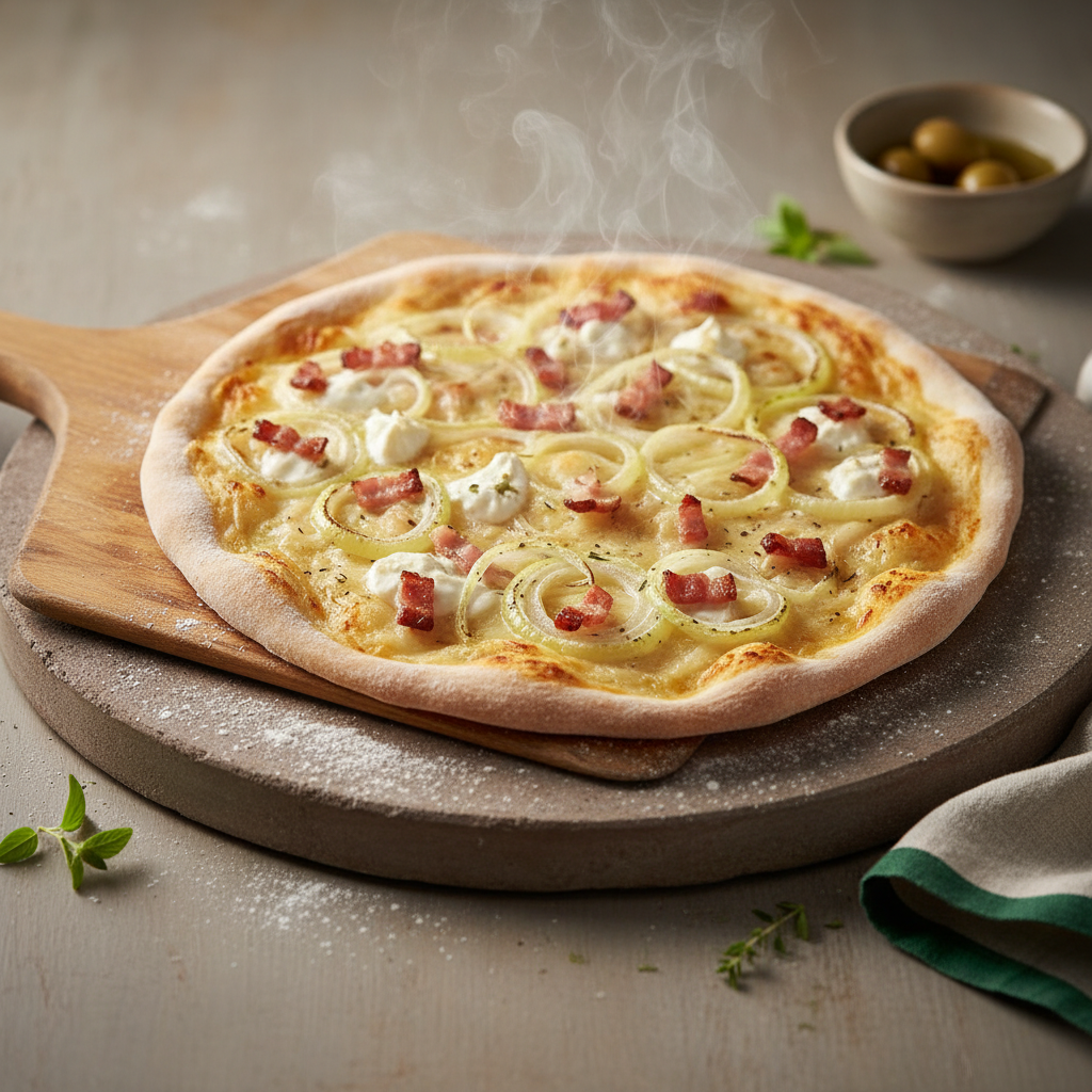 Nahaufnahme: Flammkuchen auf heißem Backstein, Holzschieber im Einsatz – Flammkuchen knusprig bekommen, warme minimalistische Küche in Markenfarben