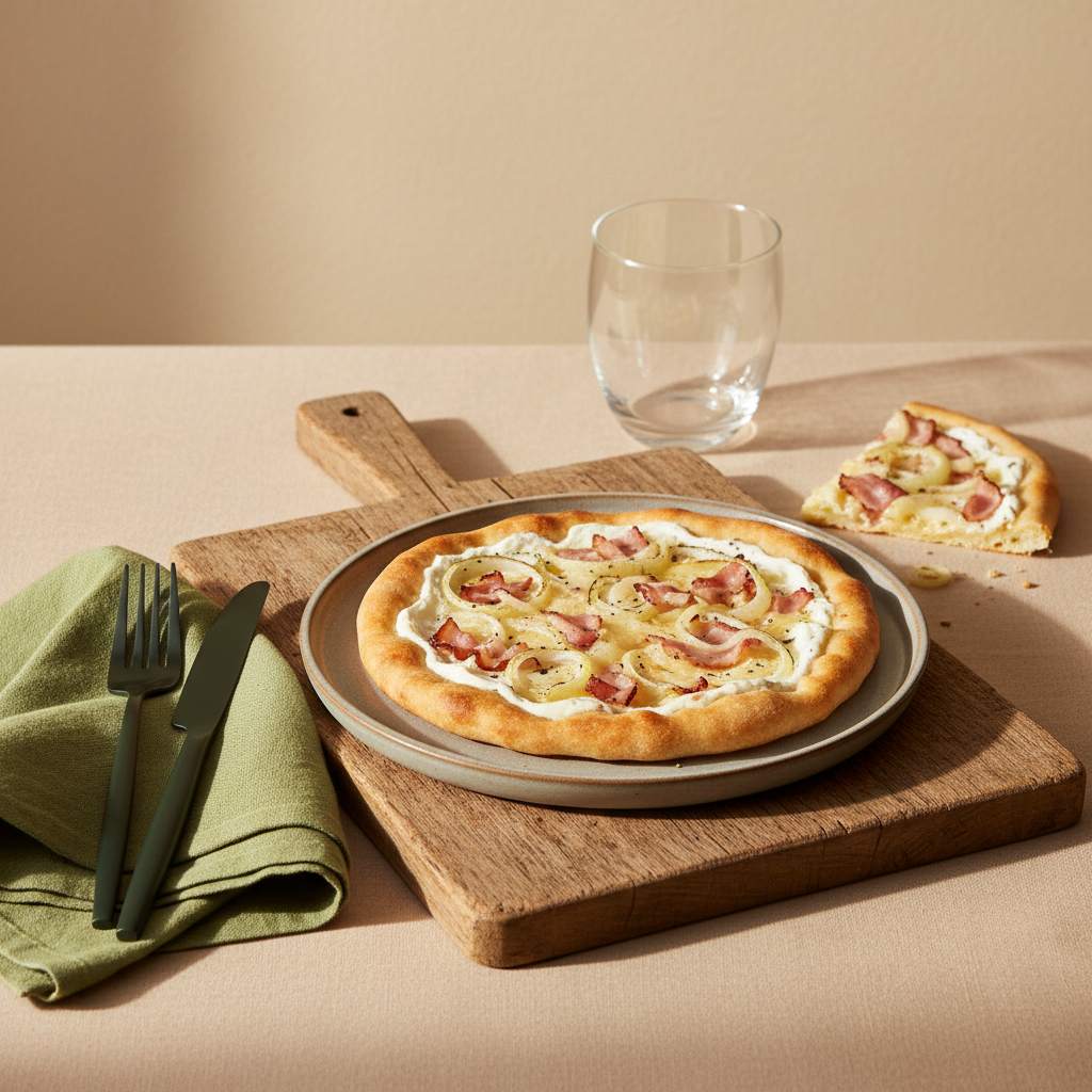 Flammkuchen kalt essen: minimalistisches, heimisches Setting mit kaltem Flammkuchen auf Keramikteller, Holzbrett und frischen Kräutern vor #dbdbcf Hintergrund