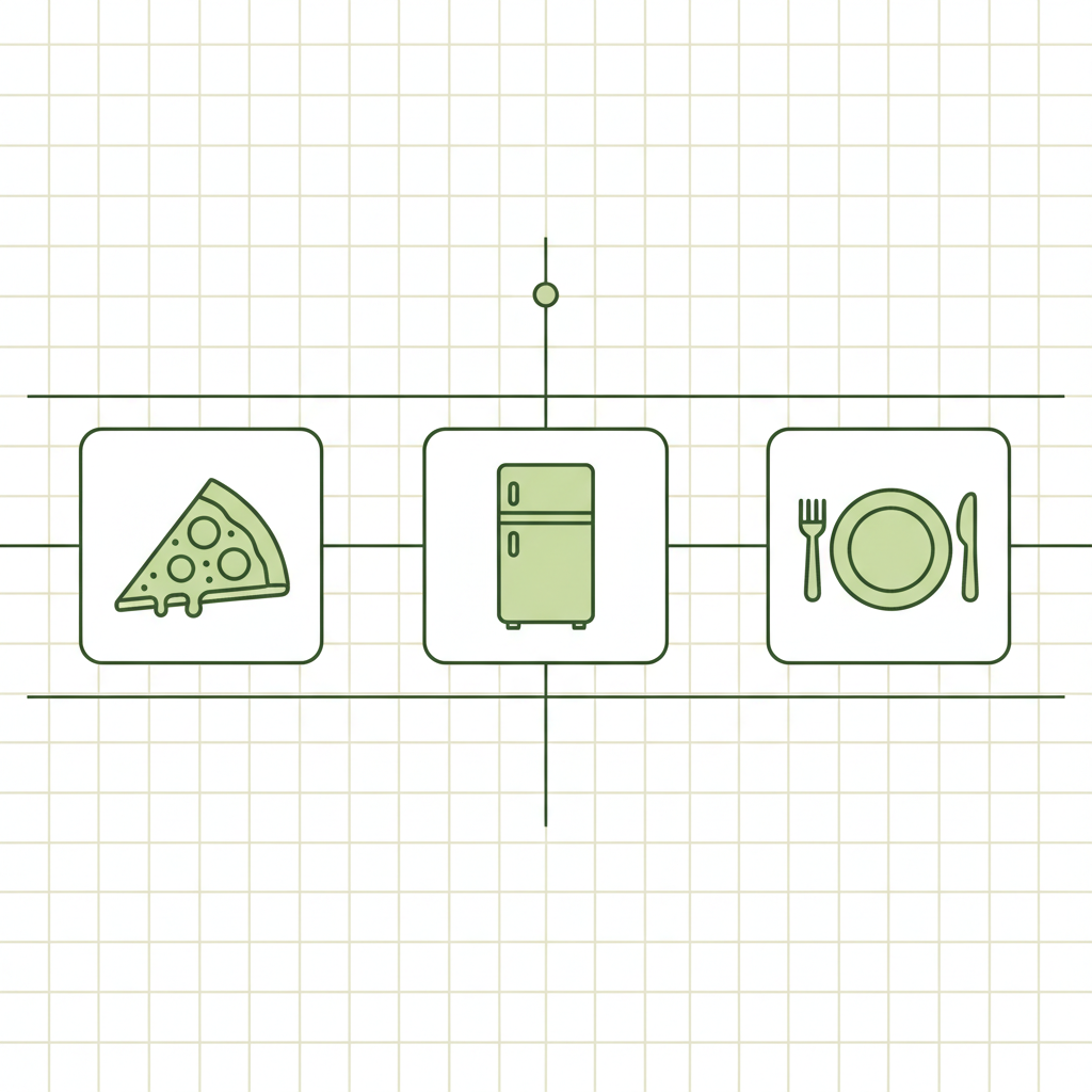 Minimale 2D-Vektor-Infografik mit drei Icons (Flammkuchen, Kühlschrank, Teller) in Schnell Lecker Markenfarben, passend zum Thema Flammkuchen kalt essen.