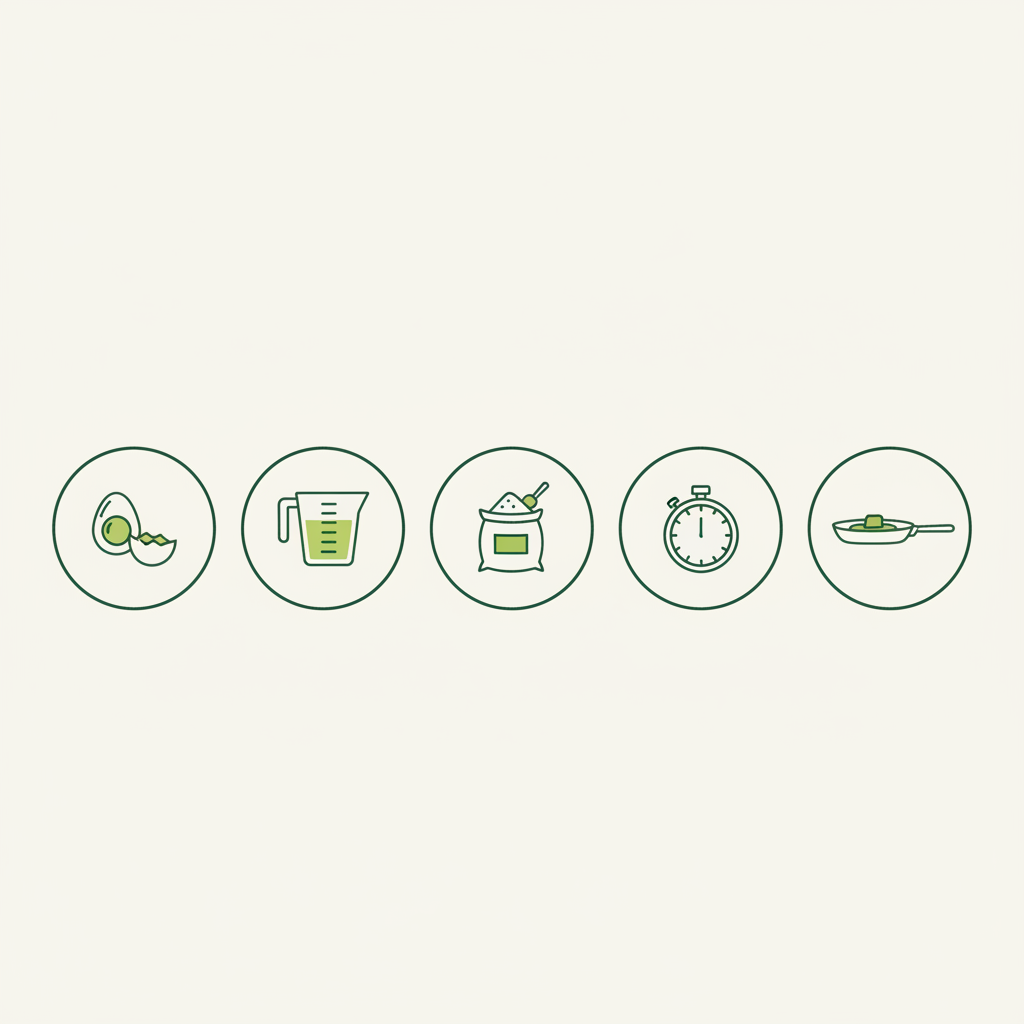 Minimalistische 2D-Vektor-Infografik zur Pfannkuchenteig Reihenfolge: fünf Icons für Eier, Flüssigkeit, Mehl, Ruhe (Timer) und Fett auf Hintergrund #dbdbcf.