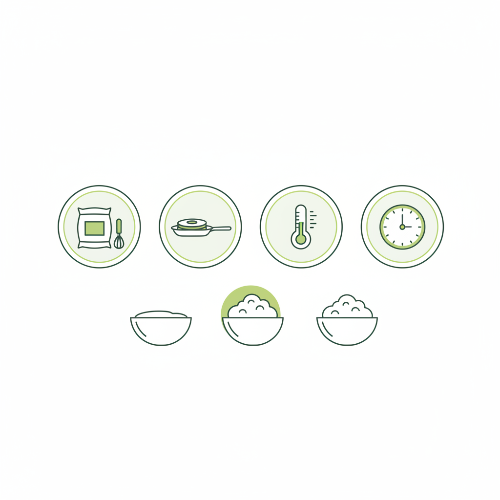 Minimalistische Vektor-Infografik mit Icons (Mehl, Pfanne, Thermometer, Uhr) und visuellen Hinweisen zur Teigkonsistenz – Pfannkuchen fluffiger machen