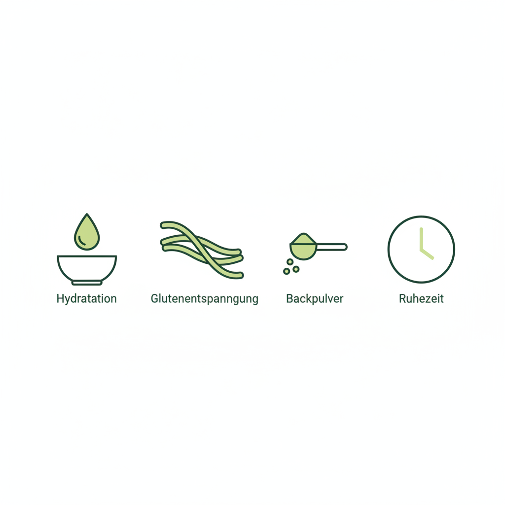 Minimalistische 2D-Vektor-Infografik mit vier Icons für Hydratation, Glutenentspannung, Backpulver und Ruhezeit zur Erklärung, wie Pfannkuchenteig ruhen lassen