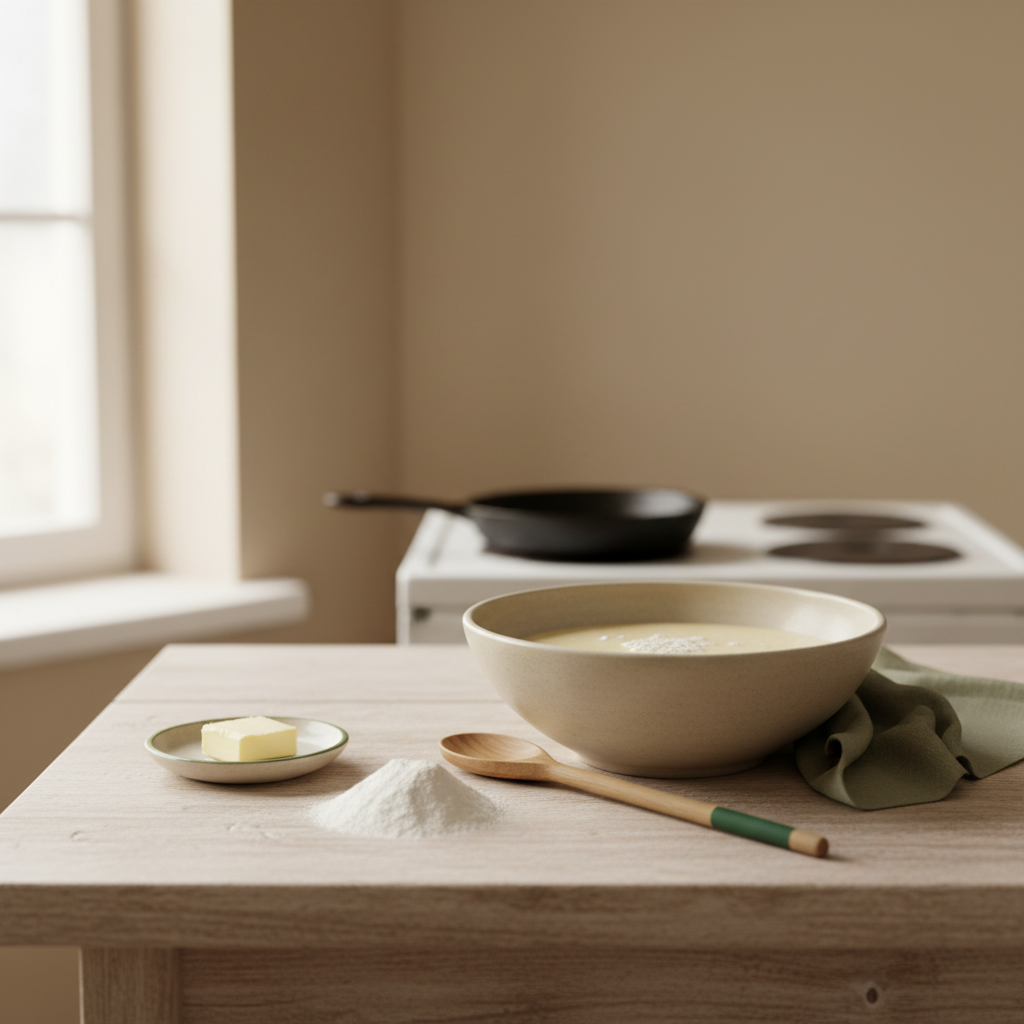 Pfannkuchenteig ruhen lassen: Schüssel mit Teig, Mehl und Pfanne auf Herd in minimalistischem, warmem Küchen-Setup mit Hintergrund #dbdbcf und dezenten #a5cd8d Akzenten.