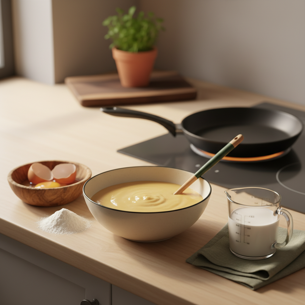 Pfannkuchen-Zutaten auf Küchentisch: Mehl, Eier, Milch, Schüssel mit Teig und Pfanne auf dem Herd in warm-minimalistischem Setting