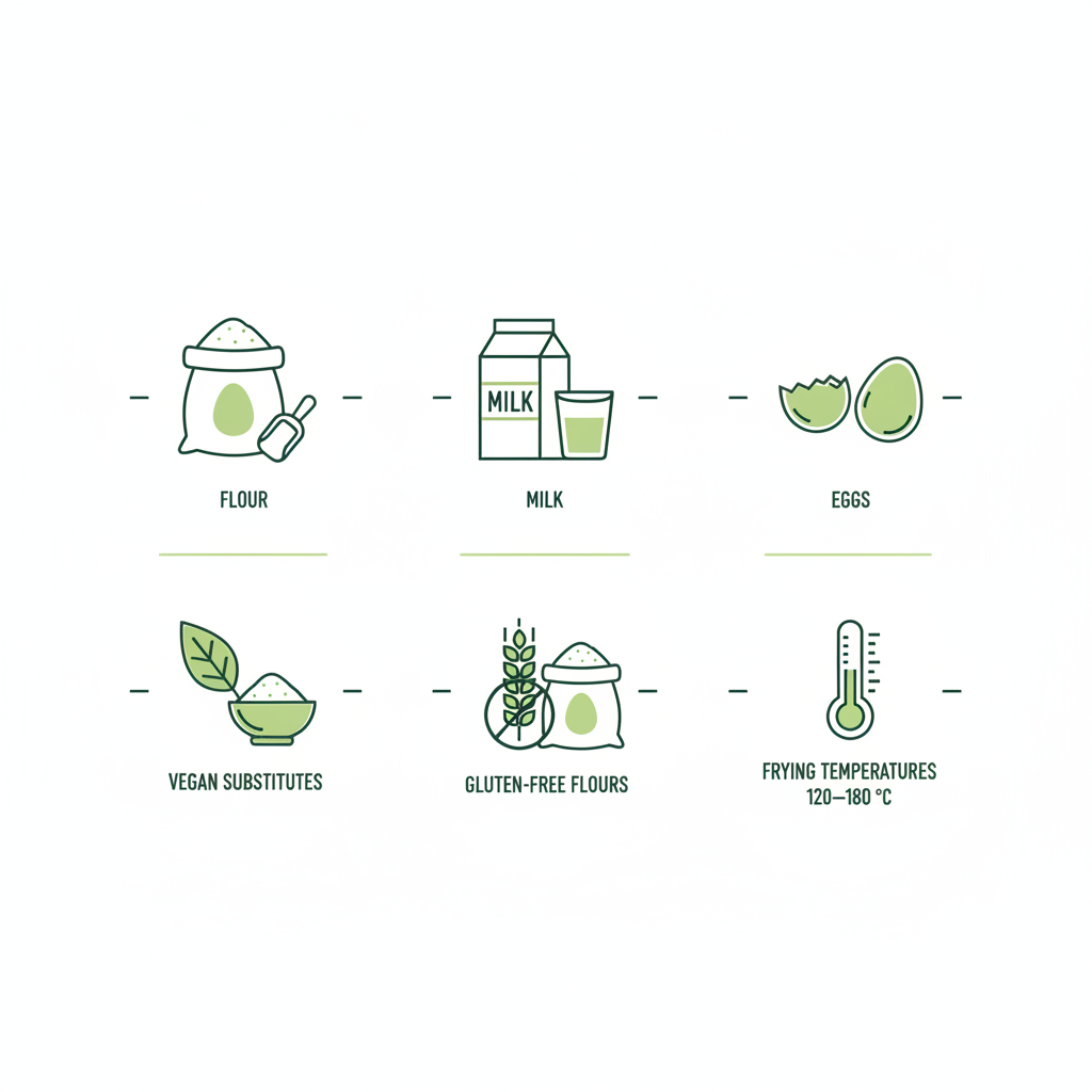 Minimalistische 2D-Vektor-Infografik zu Pfannkuchen-Zutaten: Icons für Mehl, Milch, Eier, vegane Ersatzstoffe, glutenfreie Mehle und Brattemperaturen in Markenfarben.