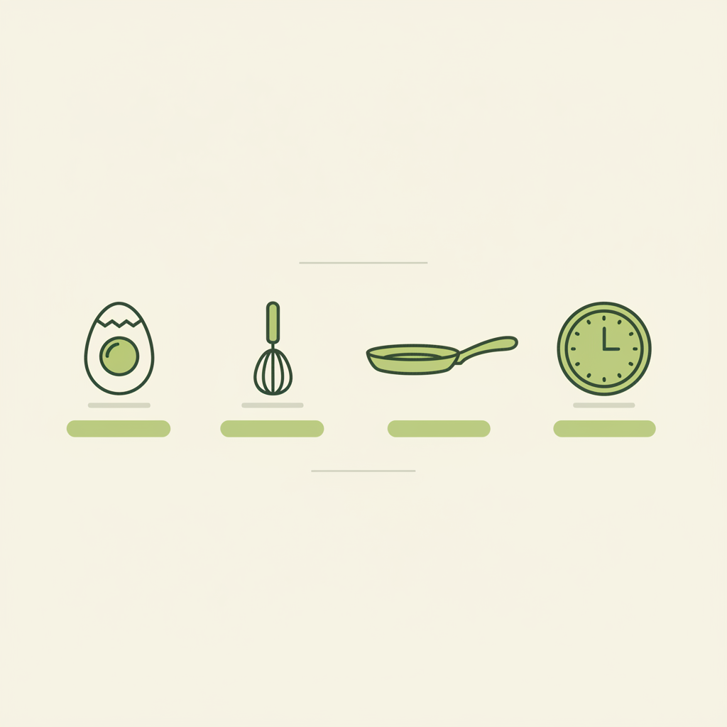 Minimalistische 2D-Vektor-Infografik mit Icons (Ei, Schneebesen, Pfanne, Uhr) und Platzhaltern als Labels, Markenfarben; Thema Eier im Pfannkuchenteig