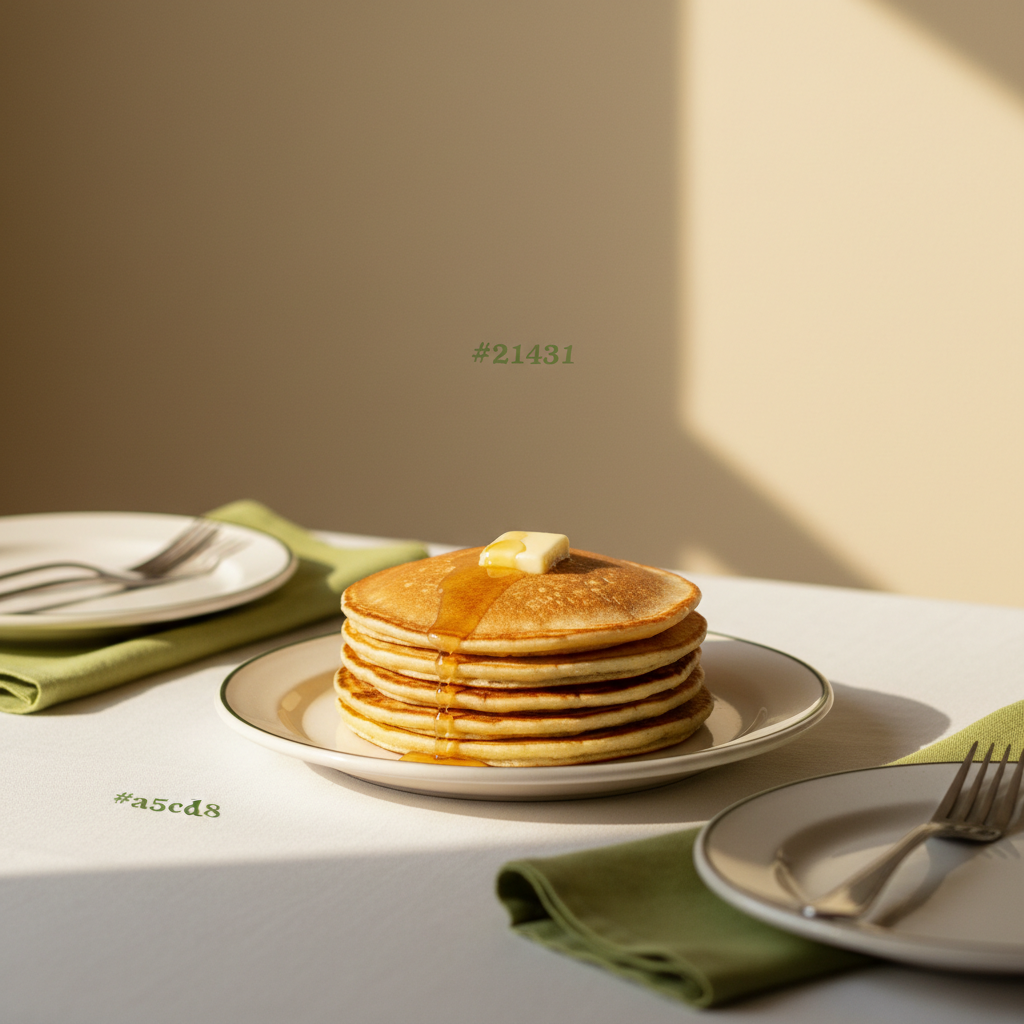 Stapel goldener Pfannkuchen mit schmelzender Butter auf schlichtem Teller in warmer Küche; Eier im Pfannkuchenteig sichtbar, Hintergrund #dbdbcf, dezenter Akzent #a5cd8d