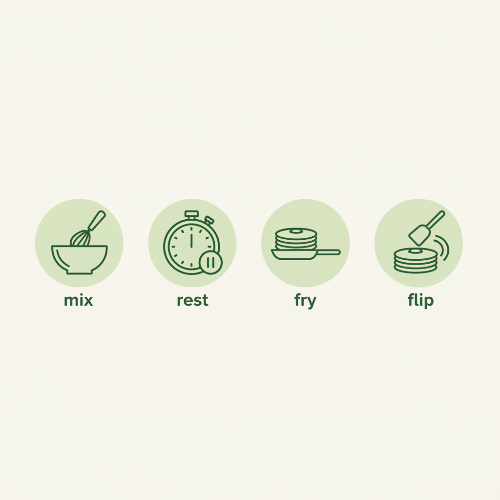 Minimalistische Vektor-Infografik mit vier Icons (mix, ruhen, braten, wenden) in Schnell Lecker Farben, erklärt wie gelingen Pfannkuchen am besten.
