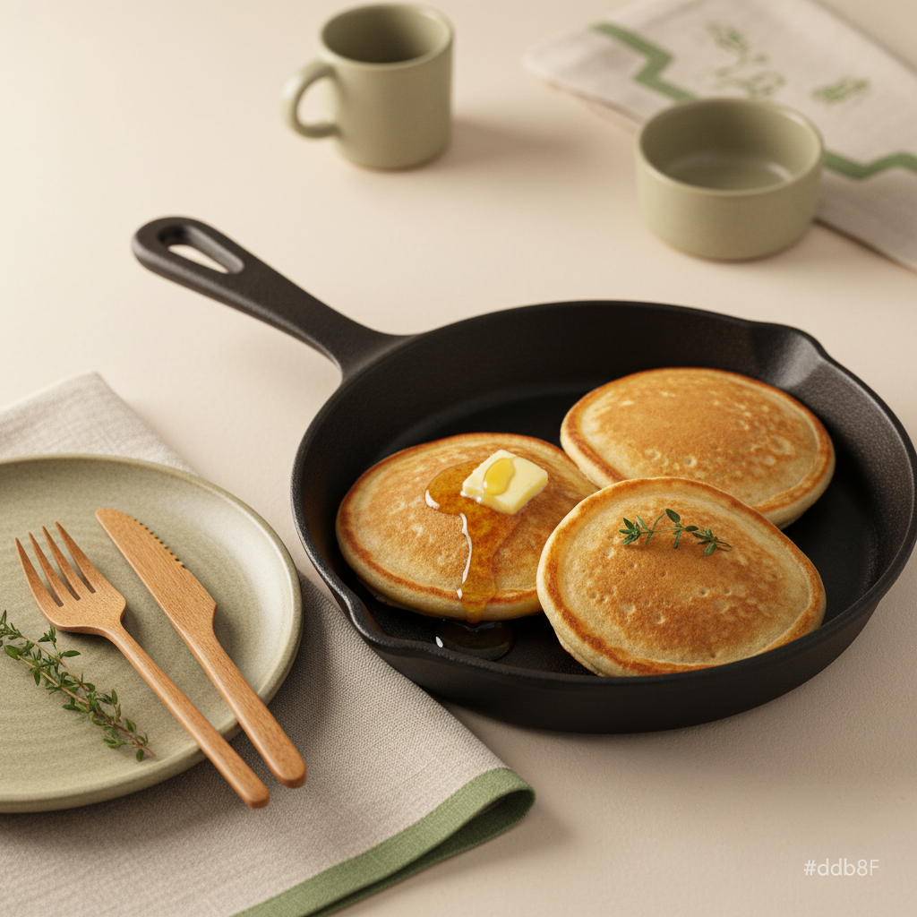 Skillet mit goldenen Pfannkuchen im Morgenlicht, minimalistisches europäisches Küchen-Setup, Hintergrund #dbdbcf, Akzente #a5cd8d – wie gelingen Pfannkuchen am besten