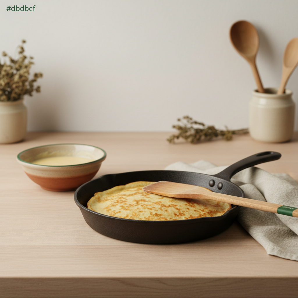 Warum gelingen meine Pfannkuchen nicht: Vollbildaufnahme einer Pfanne mit goldenem Pfannkuchen, Holzspatel, kleine Schüssel Teig und dezente grüne Serviette vor warmem, hellen Küchenhintergrund.