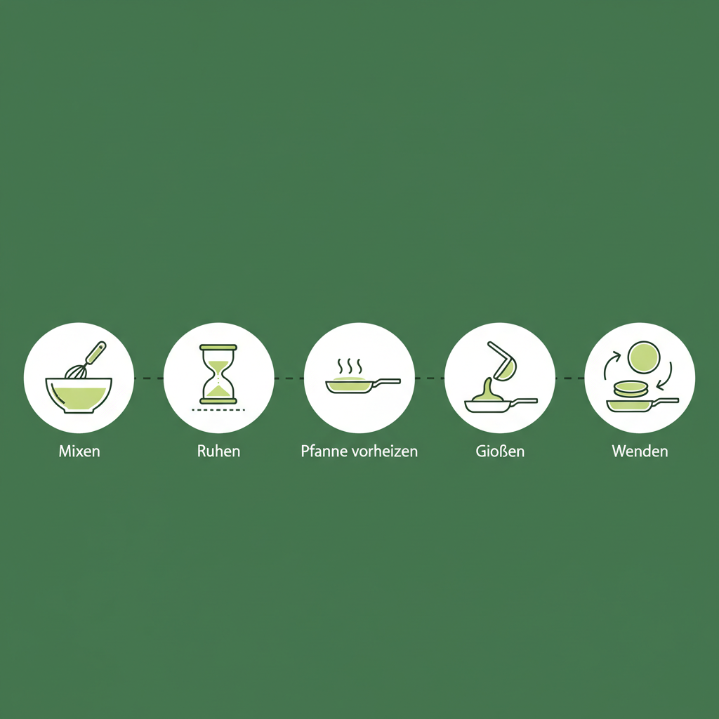 Minimalistische 2D-Vektor-Infografik mit fünf Icons zu Mixen, Ruhen (10–30 Min), Pfanne vorheizen, Gießen, Wenden — Warum gelingen meine Pfannkuchen nicht