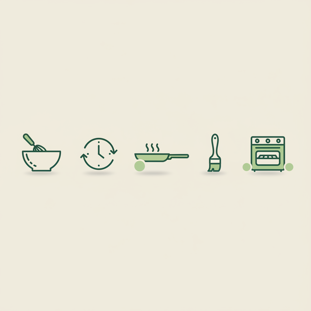 2D-Vektor-Infografik mit fünf minimalistischen Piktogrammen, die Schritte für knusprige Pfannkuchen zeigen (Rührschüssel, Ruhe, Pfanne, Öl, Ofen) in Markenfarben.