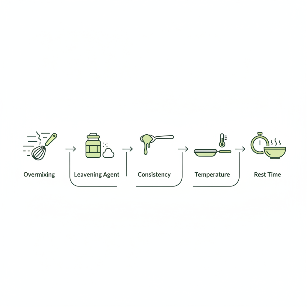 Minimalistische Vektor-Infografik als Flowchart mit fünf Icons zu Ursachen flacher Pfannkuchen: Übermischen, Triebmittel, Konsistenz, Temperatur, Ruhezeit. Warum werden meine Pfannkuchen nicht fluffig