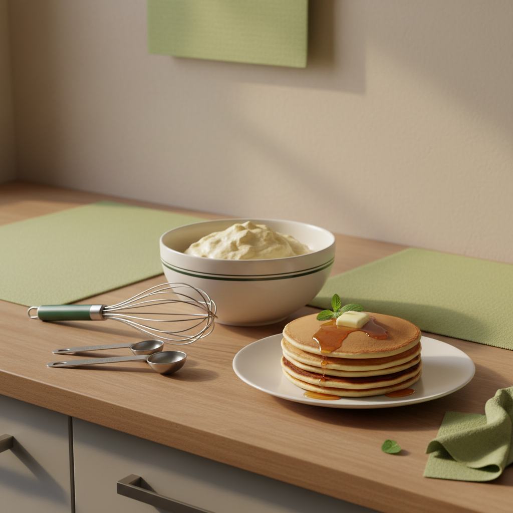 Warum werden meine Pfannkuchen nicht fluffig – Fotorealistische, aufgeräumte Küche mit Rührschüssel, Schneebesen, Messlöffeln und einem Stapel Pfannkuchen vor neutralem #dbdbcf-Hintergrund.