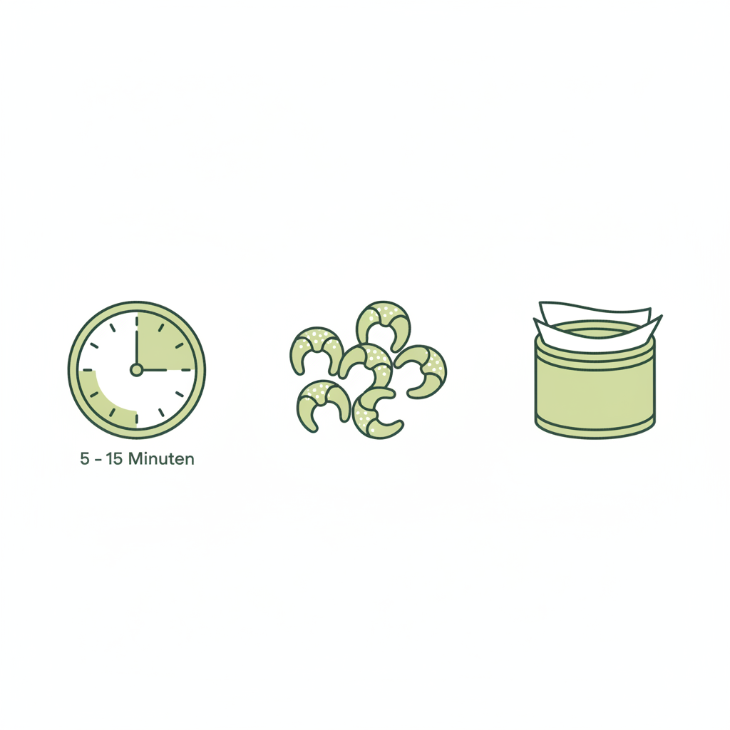Puderzucker auf Vanillekipferl: minimalistische 2D-Vektor-Infografik mit drei Icons – Uhr (5–15 Minuten), sieben Vanillekipferl, Dose mit Pergamentpapier auf Hintergrund #dbdbcf