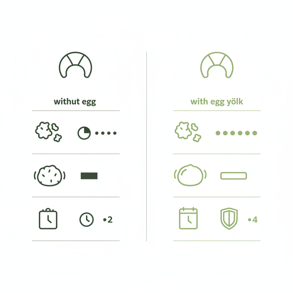 Infografik (Vektor) zeigt zwei Methoden: ohne Ei vs. mit Eigelb mit Icons für Textur, Formbarkeit, Haltbarkeit – Werden Vanillekipferl mit oder ohne Ei gemacht?