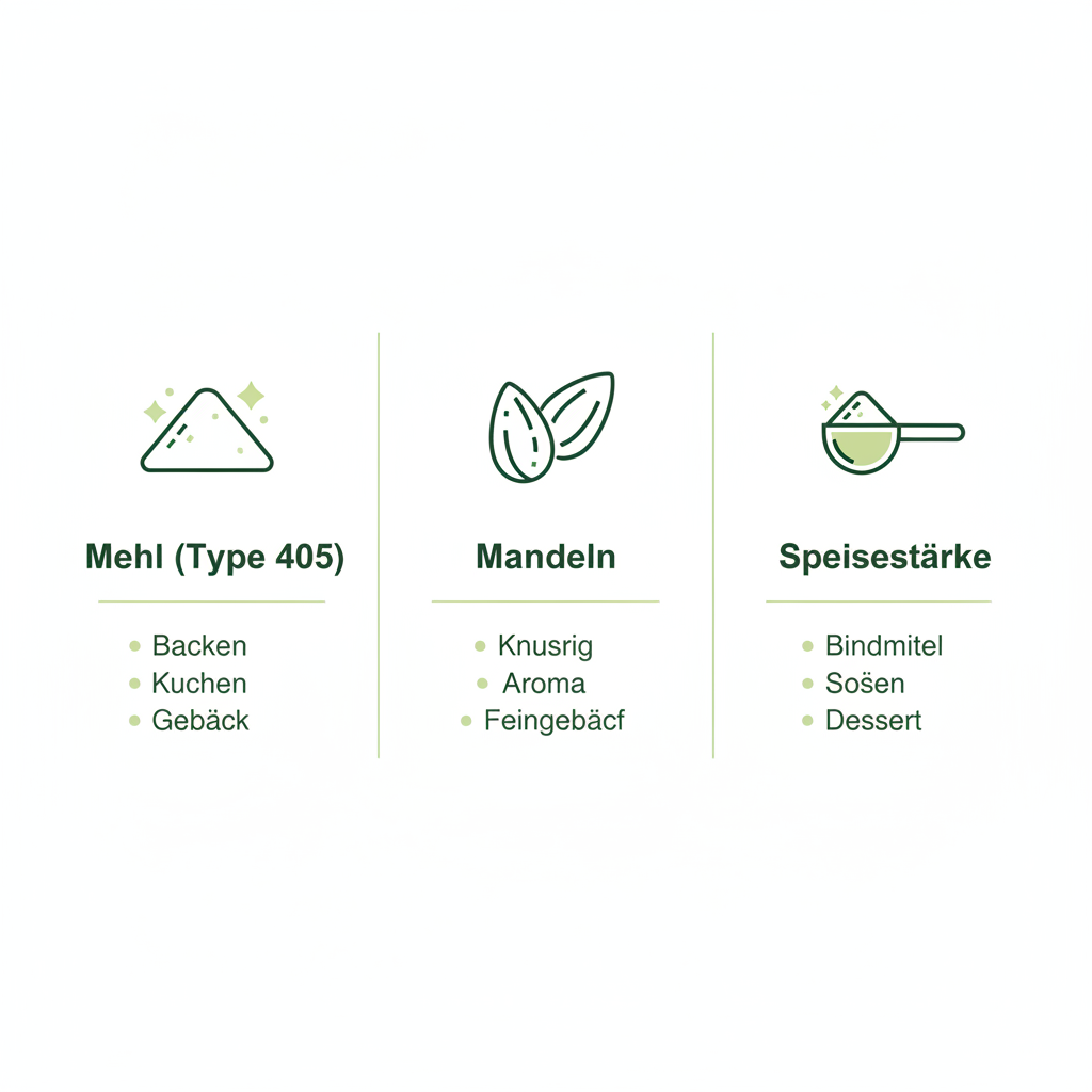 Vektor-Infografik mit drei Icons für Mehl Type 405, Mandeln und Speisestärke sowie kurzen Stichpunkten zur Wirkung auf Textur – Mehl für Vanillekipferl