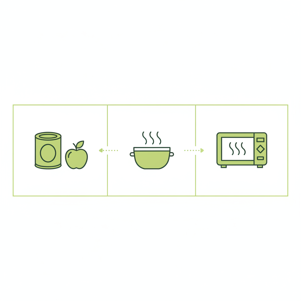 Minimalistische Infografik mit drei Vektor-Icons als Rettungsschritte für Vanillekipferl hart geworden: Dose+Apfel, Dampf (Schüssel) und Mikrowelle, im Schnell Lecker Farbstil.