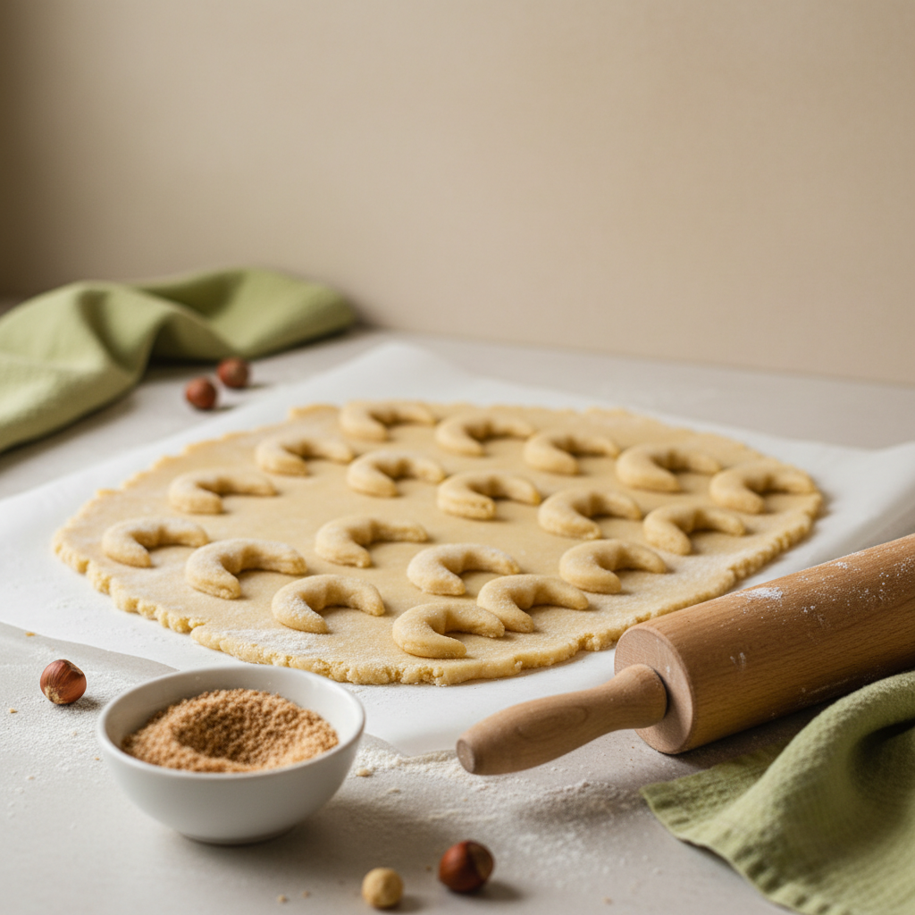 Nahaufnahme einer Backszene mit fein gemahlenen Haselnüssen, Teigrolle und geformten Vanillekipferl – Thema: vanillekipferl hart geworden