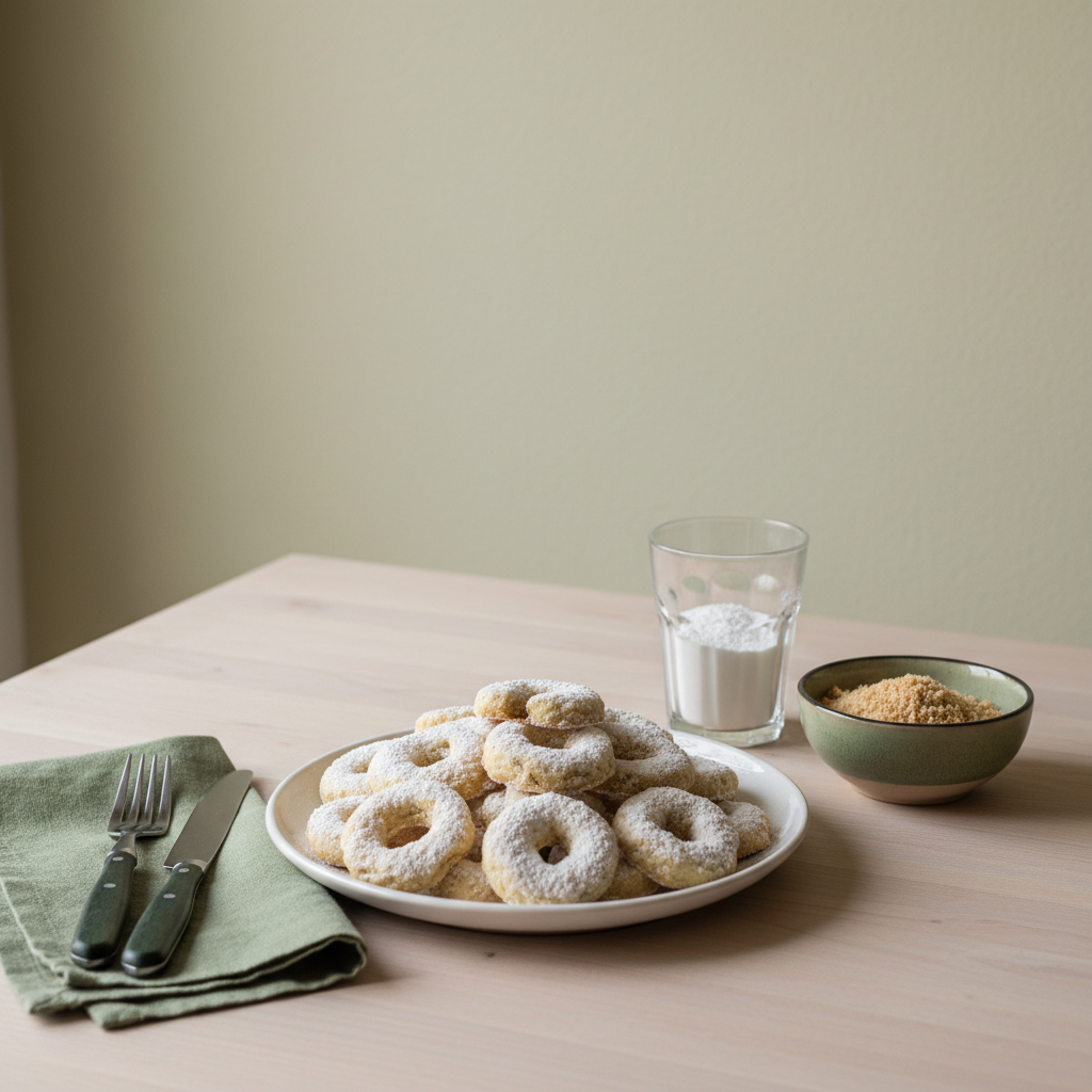 Warum sind Vanillekipferl krümelig? Teller mit krümeligen Vanillekipferl, Schale mit gemahlenen Nüssen und Glas Puderzucker auf minimalistischem Tisch, Hintergrund #dbdbcf.