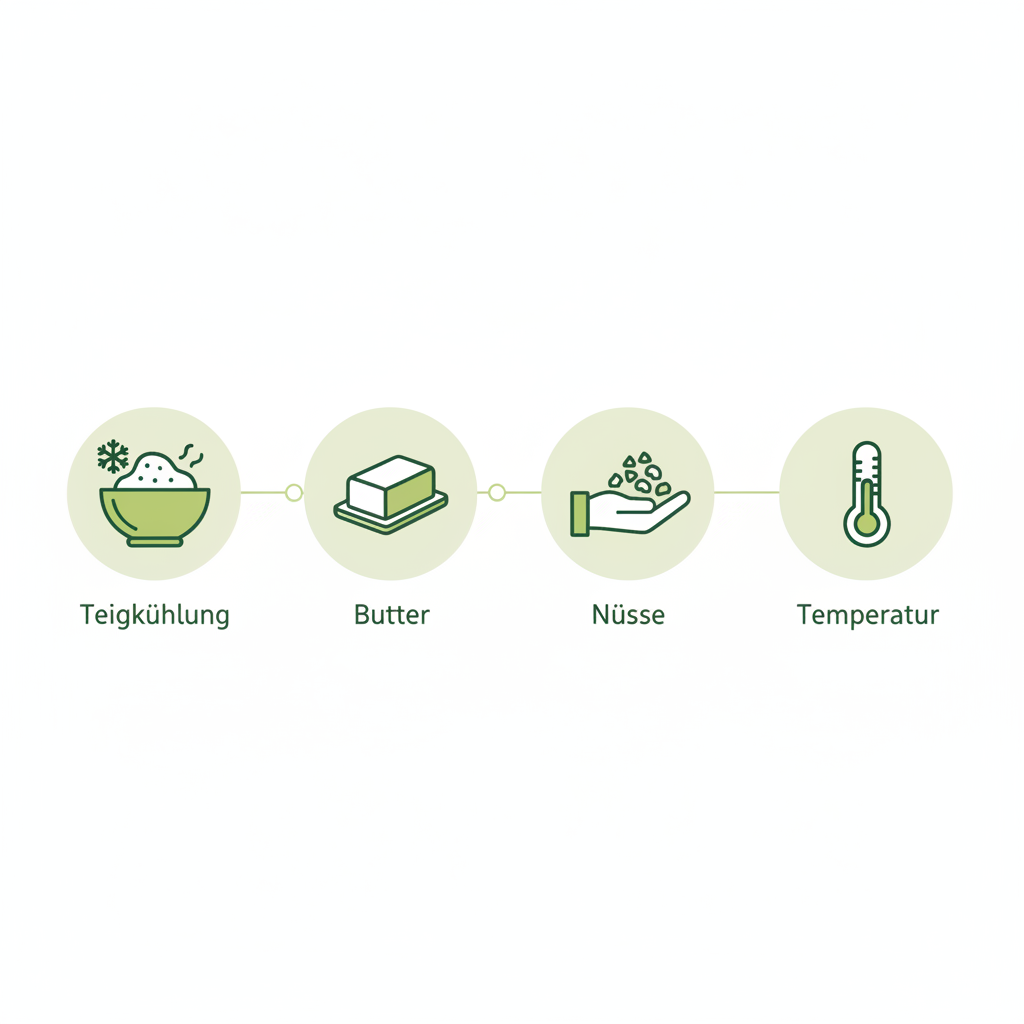 Warum sind Vanillekipferl krümelig? Minimalistische 2D-Vektor-Infografik mit Icons für Teigkühlung, Butter, Nüsse und Temperatur auf Hintergrund #dbdbcf, Akzente #a5cd8d.