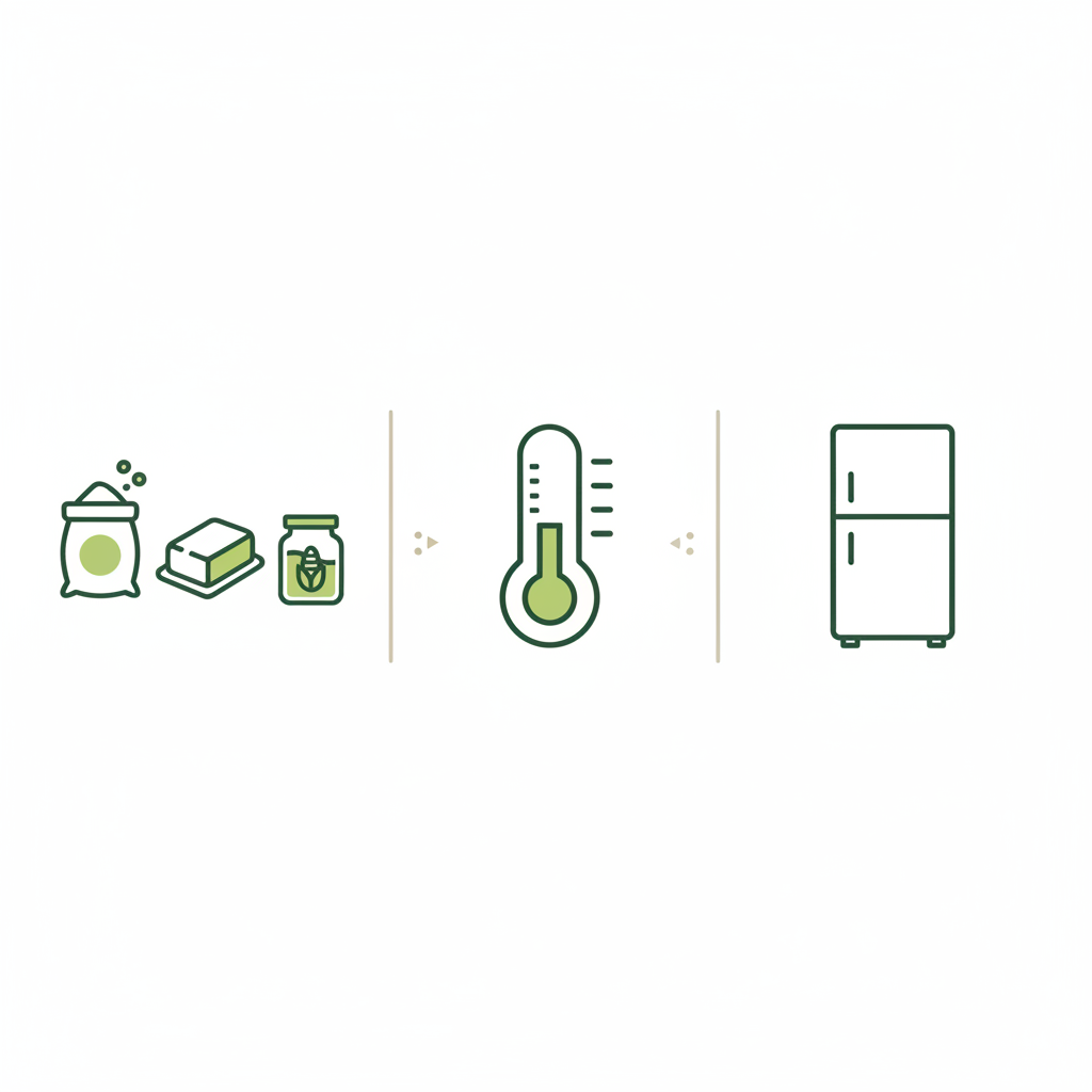 Warum zerfällt meine Vanillekipferl — minimalistische 2D-Vektor-Infografik mit Mehl-, Butter- und Stärke-Icons, Temperaturanzeige und Kühlschranksymbol in Schnell Lecker Farben.