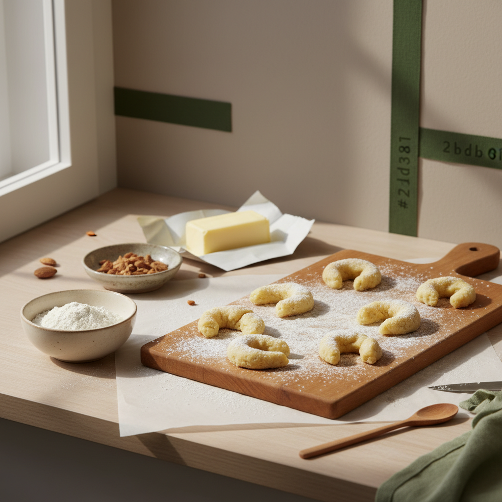 Warum zerfällt meine Vanillekipferl – Fullframe-Küchenszene mit Mehl, Mandeln, Butter und halb geformten Vanillekipferln auf Holzbrett, warm und minimalistisch.