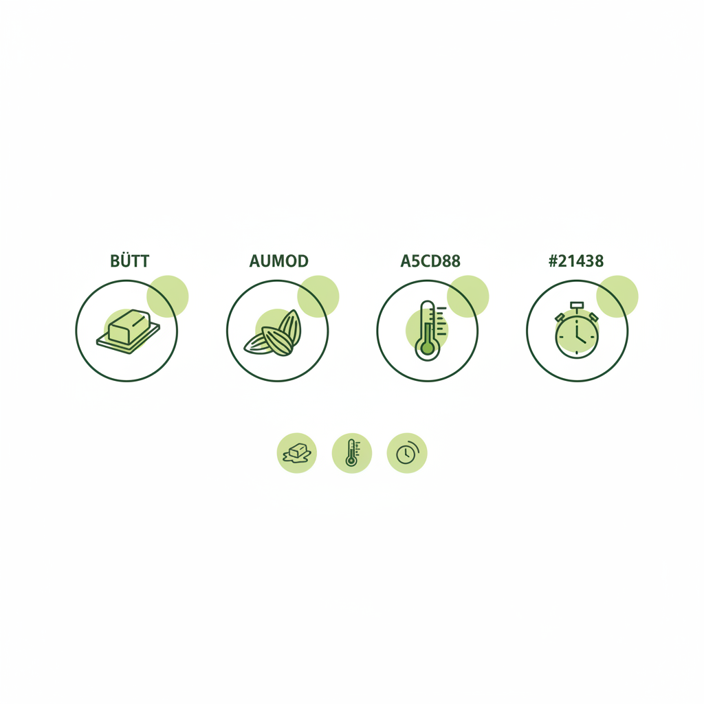 Minimalistische 2D-Vektor-Infografik mit Icons für Butter, Mandeln, Ofenthermometer und Kühlzeit sowie drei Fehler-Icons zur Analyse von Vanillekipferl zerfallen
