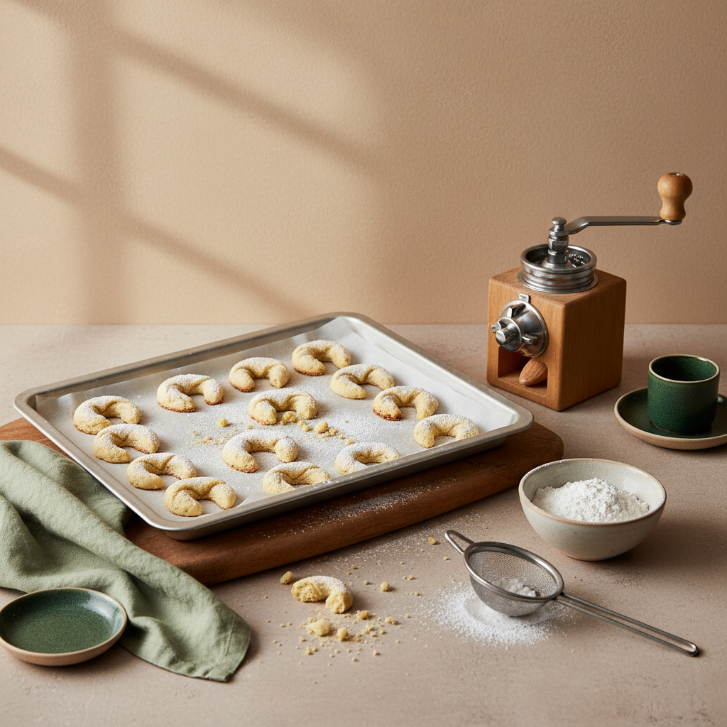Backblech mit geformten Vanillekipferln, einige Brösel zeigen Vanillekipferl zerfallen; Schale Puderzucker und Mandelmühle auf minimalistischem #dbdbcf-Arbeitsplatz.