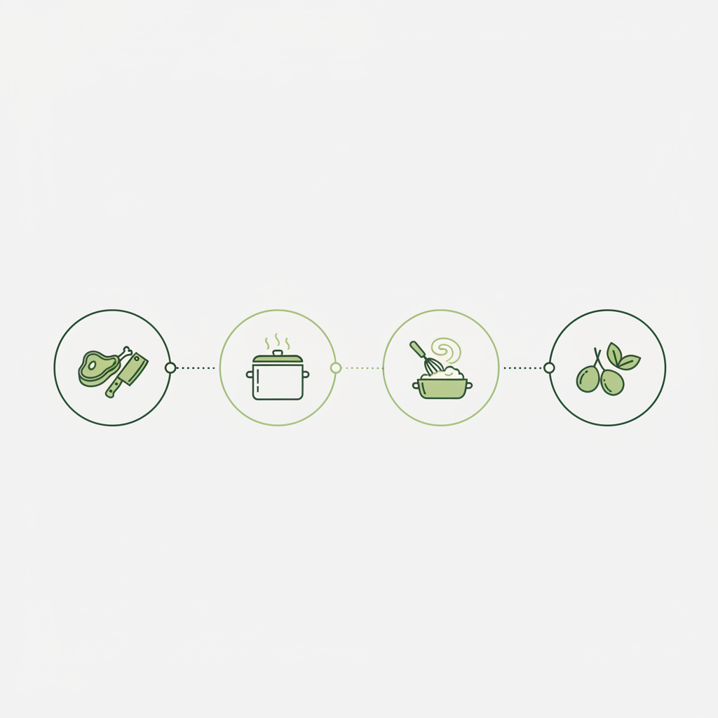 Minimalistische Vektor-Infografik mit vier Icons (Hack, Pochieren, Mehlschwitze, Kapern) auf Hintergrund #dbdbcf — Woraus bestehen Königsberger Klopse